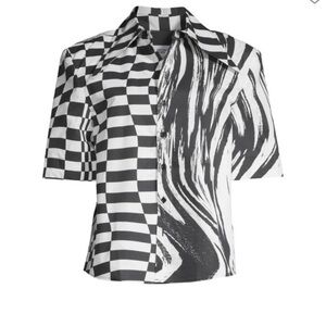 Christopher John Rogers Black and White Patterned Shirt With Padded Shoulders